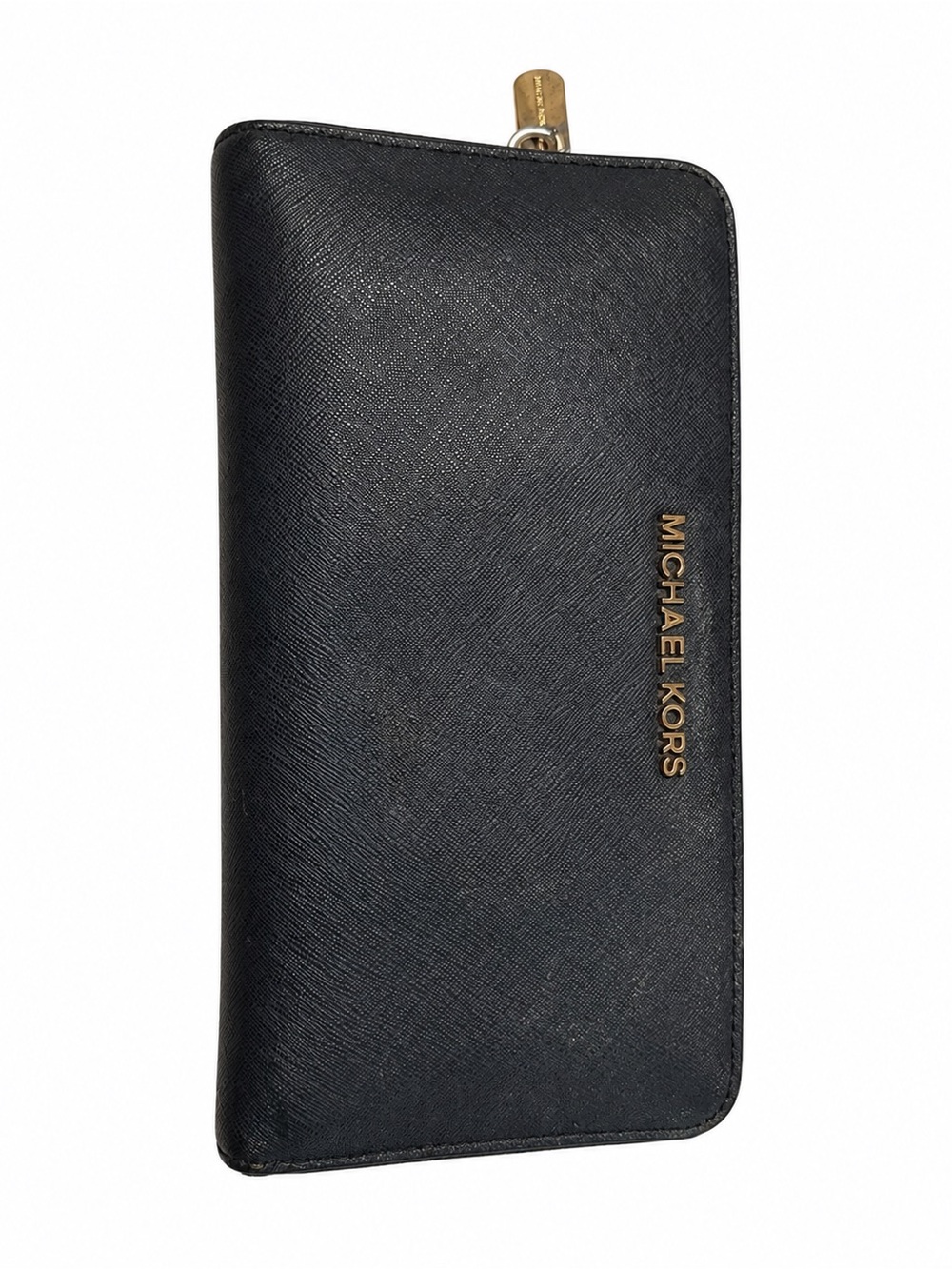 Michael Kors Black Saffiano Leather Zip-Around Wallet with Gold Logo